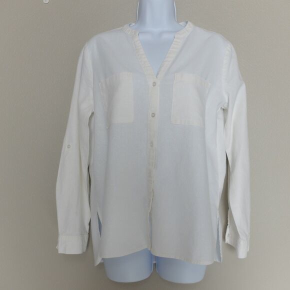 Nine West Jeans White Linen Blend Long Sleeve Button Up Blouse Size Small - Picture 6 of 9